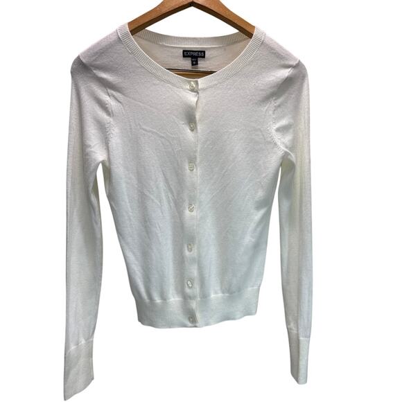Express White Crew Neck Button Front Cropped Cardigan Women's Size Small - Picture 1 of 8